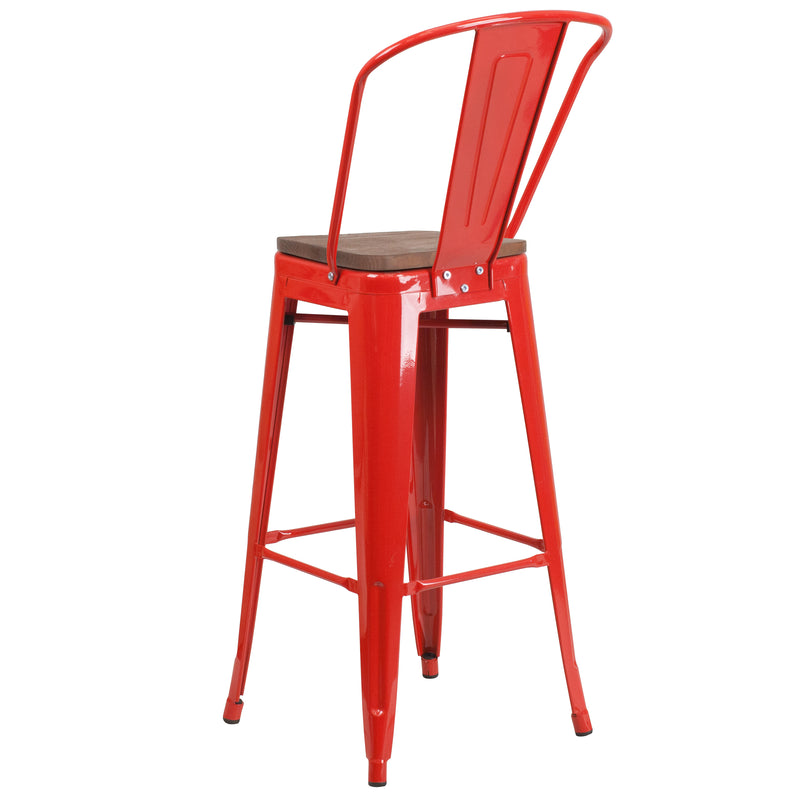 30" High Red Metal Barstool with Back and Wood Seat