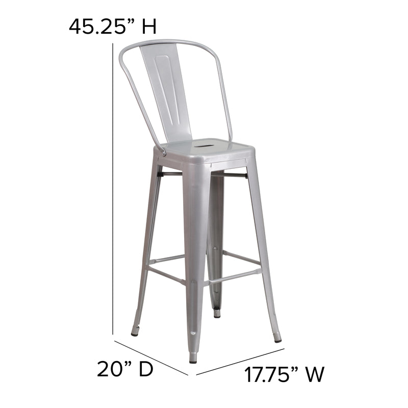 Commercial Grade 30" High Silver Metal Indoor-Outdoor Barstool with Removable Back