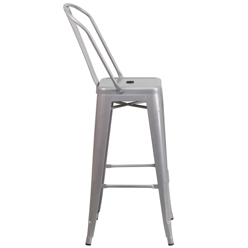 Commercial Grade 30" High Silver Metal Indoor-Outdoor Barstool with Removable Back