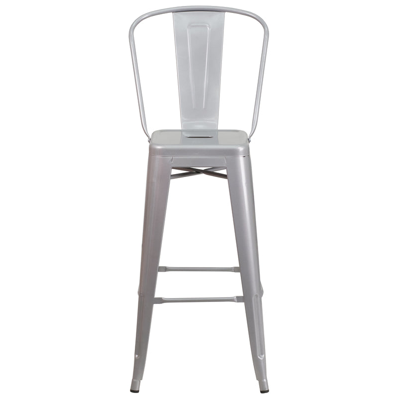 Commercial Grade 30" High Silver Metal Indoor-Outdoor Barstool with Removable Back