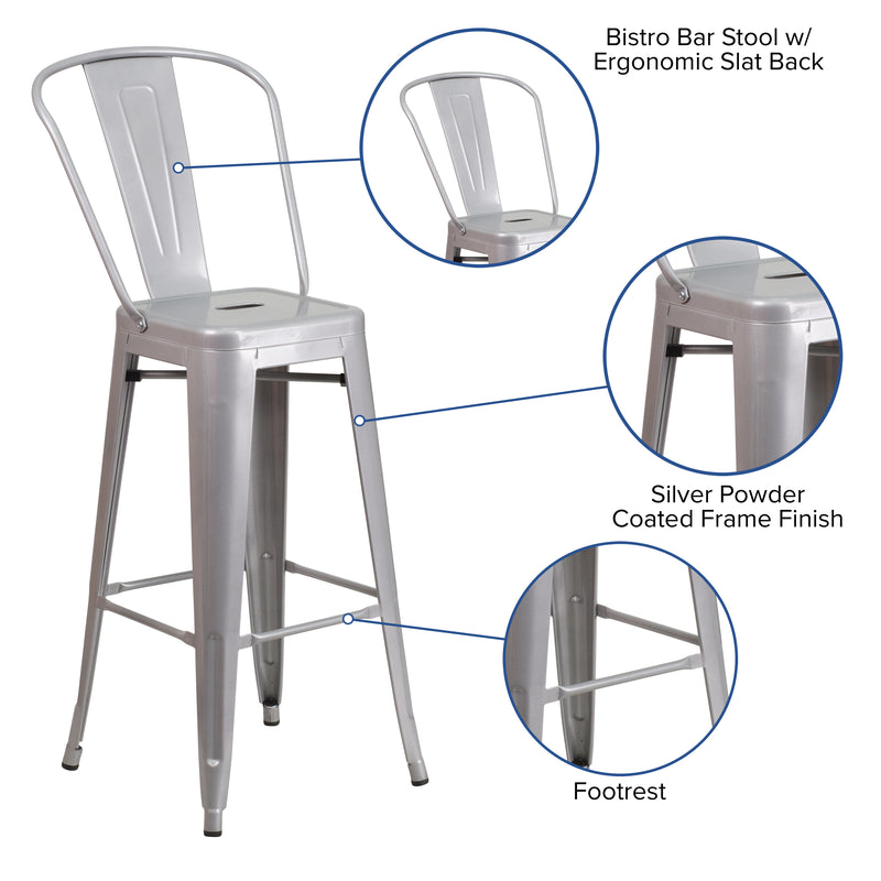 Commercial Grade 30" High Silver Metal Indoor-Outdoor Barstool with Removable Back