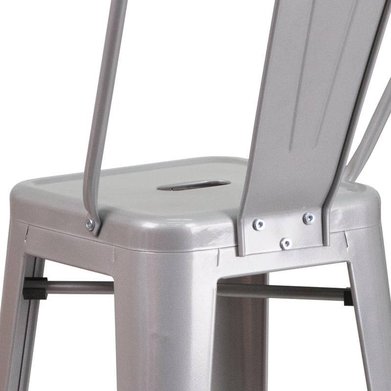 Commercial Grade 30" High Silver Metal Indoor-Outdoor Barstool with Removable Back