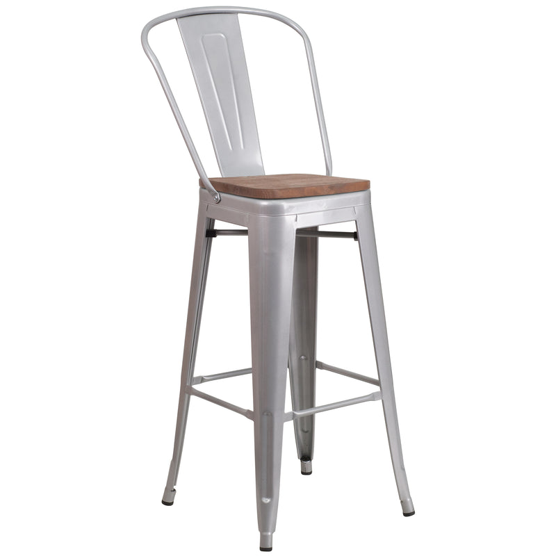 30" High Silver Metal Barstool with Back and Wood Seat