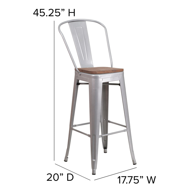 30" High Silver Metal Barstool with Back and Wood Seat