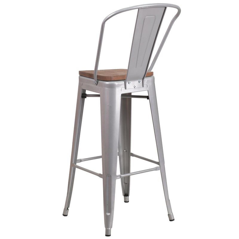 30" High Silver Metal Barstool with Back and Wood Seat