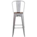 30" High Silver Metal Barstool with Back and Wood Seat
