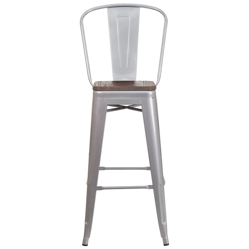 30" High Silver Metal Barstool with Back and Wood Seat