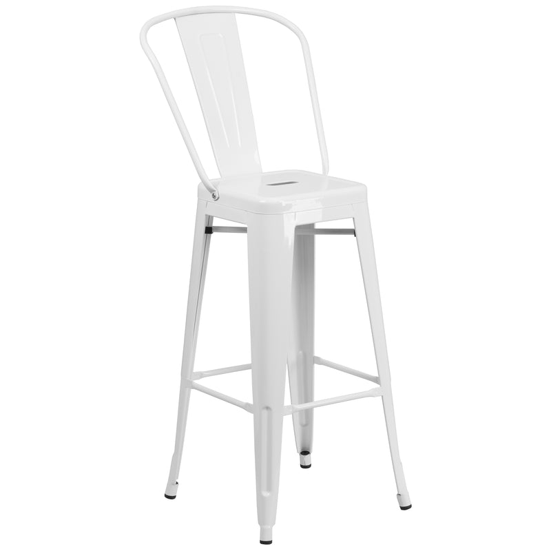 Commercial Grade 30" High White Metal Indoor-Outdoor Barstool with Removable Back