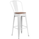 30" High White Metal Barstool with Back and Wood Seat