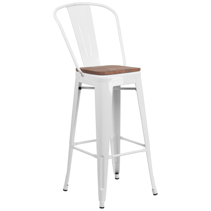 30" High White Metal Barstool with Back and Wood Seat