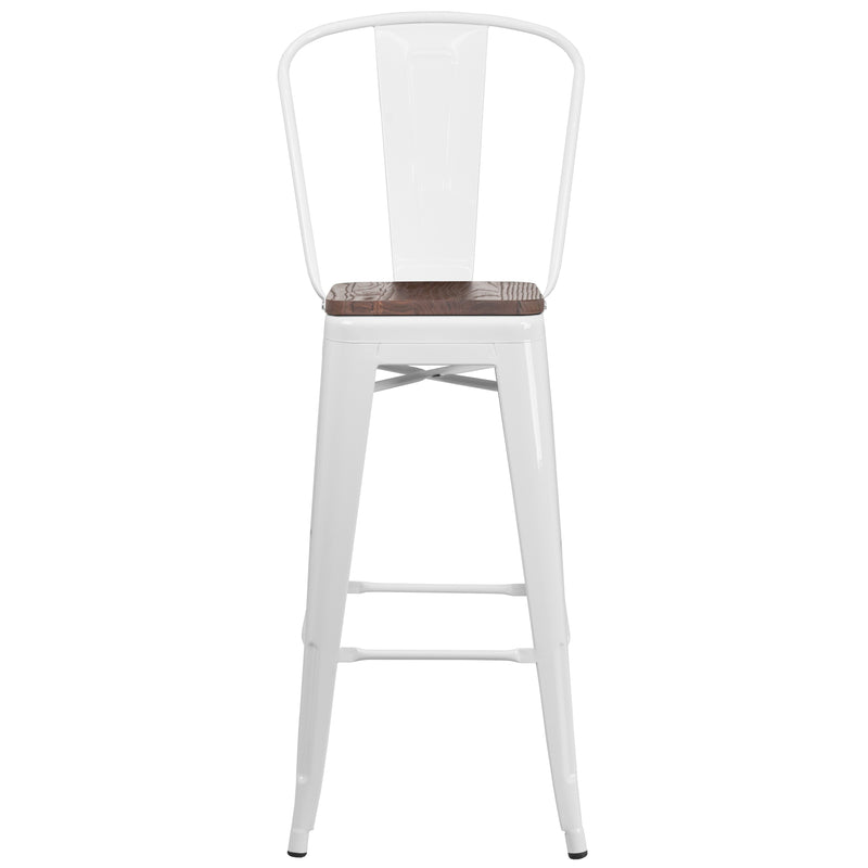 30" High White Metal Barstool with Back and Wood Seat