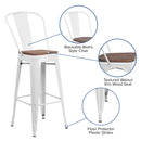30" High White Metal Barstool with Back and Wood Seat