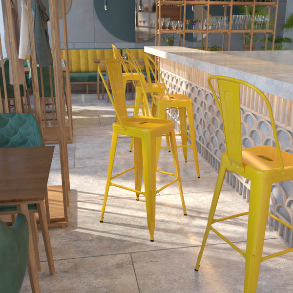 Commercial Grade 30" High Yellow Metal Indoor-Outdoor Barstool with Removable Back