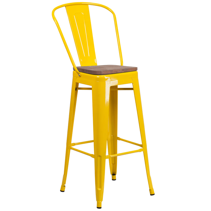 30" High Yellow Metal Barstool with Back and Wood Seat