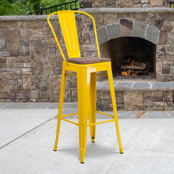 30" High Yellow Metal Barstool with Back and Wood Seat