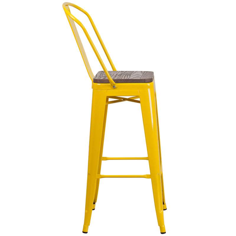 30" High Yellow Metal Barstool with Back and Wood Seat