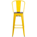 30" High Yellow Metal Barstool with Back and Wood Seat