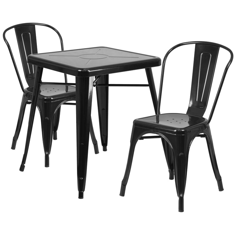 Commercial Grade 23.75" Square Black Metal Indoor-Outdoor Table Set with 2 Stack Chairs