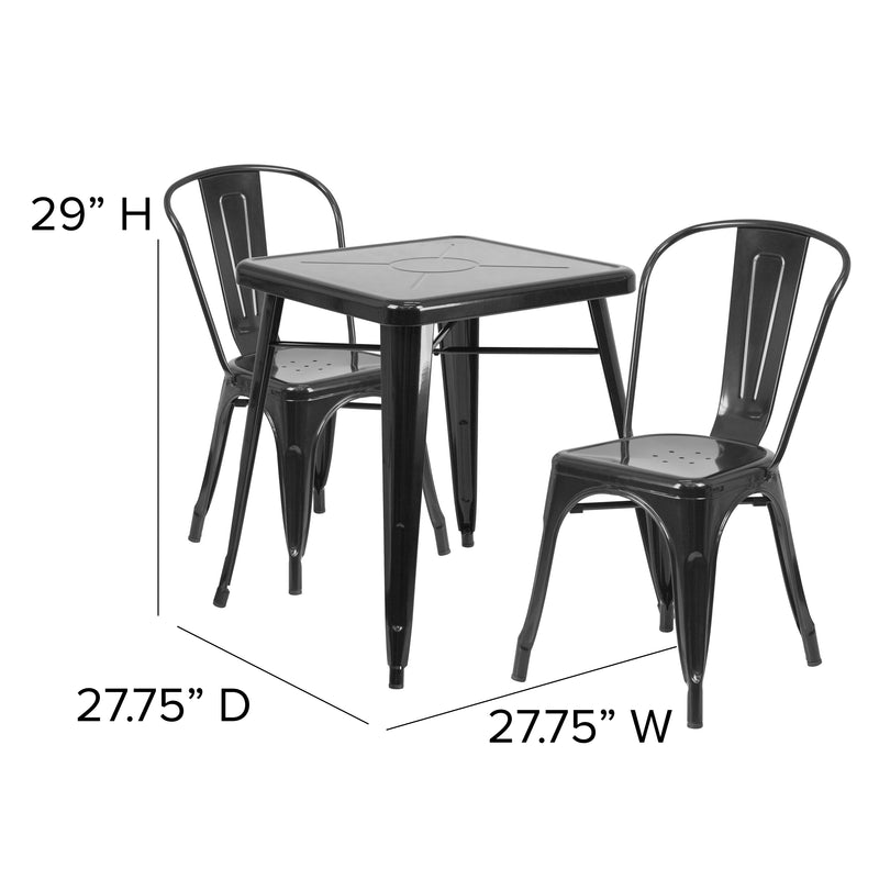 Commercial Grade 23.75" Square Black Metal Indoor-Outdoor Table Set with 2 Stack Chairs