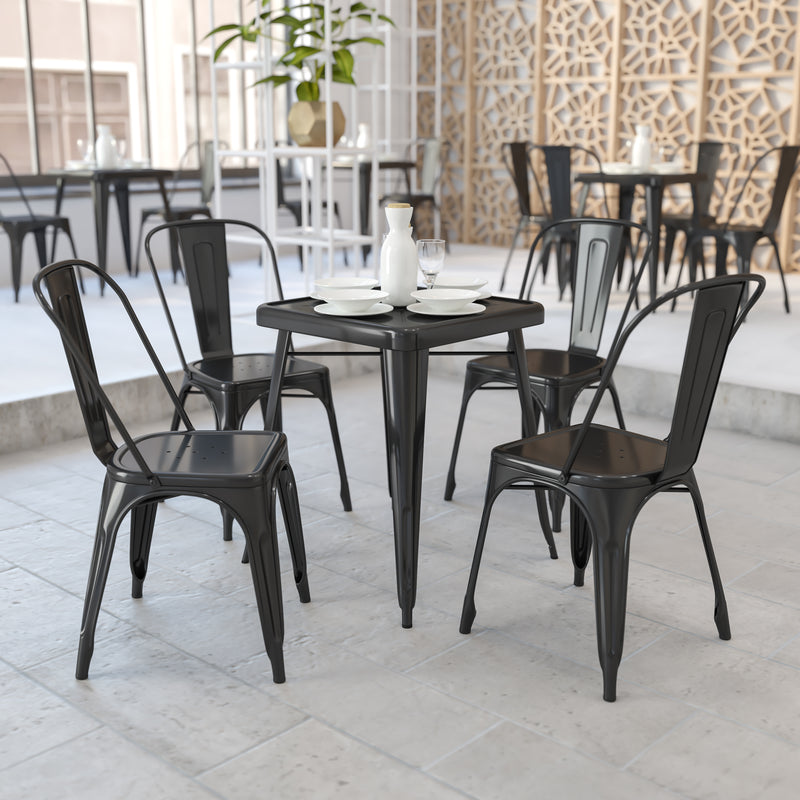 Commercial Grade 23.75" Square Black Metal Indoor-Outdoor Table Set with 2 Stack Chairs