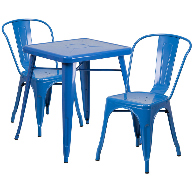 Commercial Grade 23.75" Square Blue Metal Indoor-Outdoor Table Set with 2 Stack Chairs