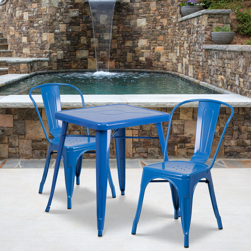 Commercial Grade 23.75" Square Blue Metal Indoor-Outdoor Table Set with 2 Stack Chairs