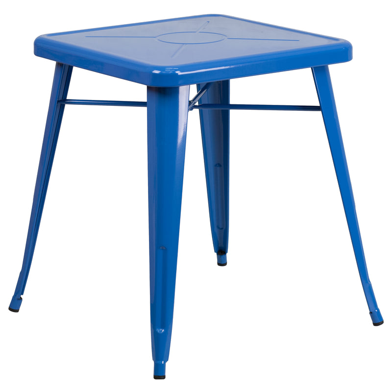 Commercial Grade 23.75" Square Blue Metal Indoor-Outdoor Table Set with 2 Stack Chairs