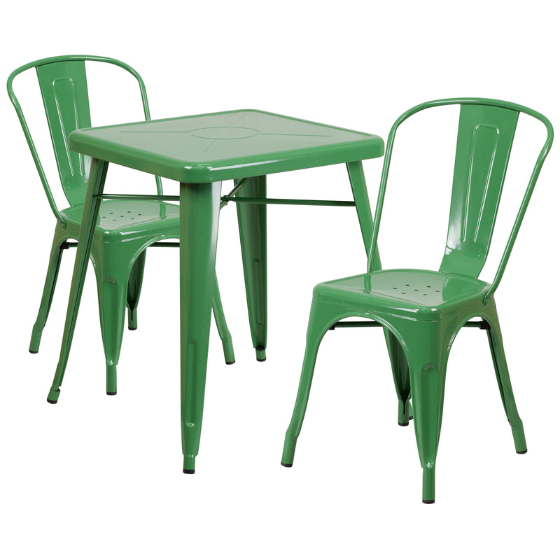 Commercial Grade 23.75" Square Green Metal Indoor-Outdoor Table Set with 2 Stack Chairs