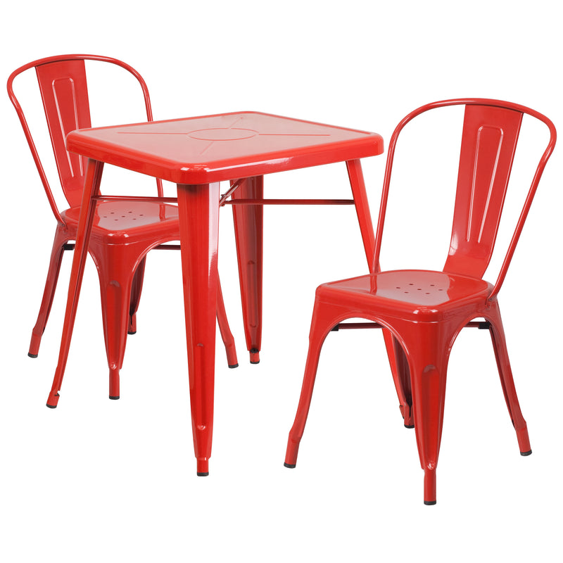 Commercial Grade 23.75" Square Red Metal Indoor-Outdoor Table Set with 2 Stack Chairs