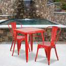 Commercial Grade 23.75" Square Red Metal Indoor-Outdoor Table Set with 2 Stack Chairs