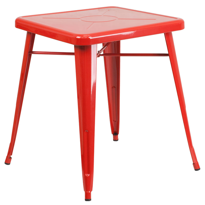 Commercial Grade 23.75" Square Red Metal Indoor-Outdoor Table Set with 2 Stack Chairs