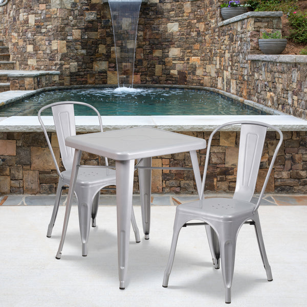 Commercial Grade 23.75" Square Silver Metal Indoor-Outdoor Table Set with 2 Stack Chairs