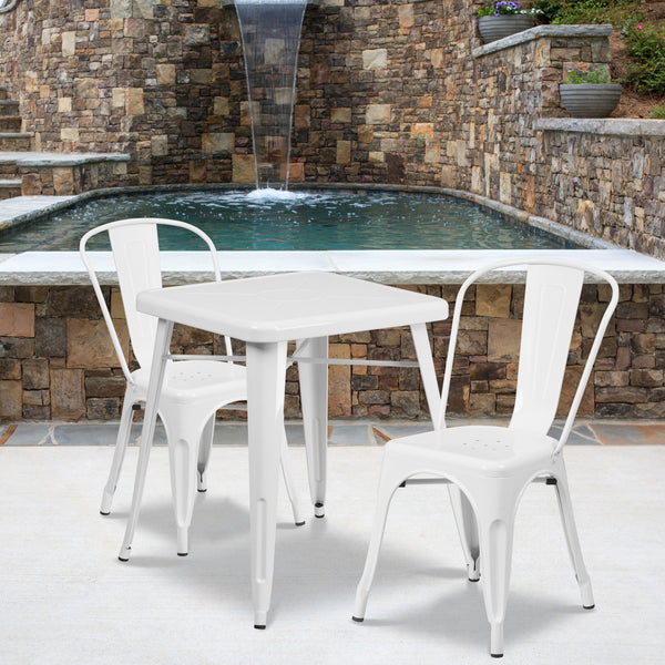 Commercial Grade 23.75" Square White Metal Indoor-Outdoor Table Set with 2 Stack Chairs