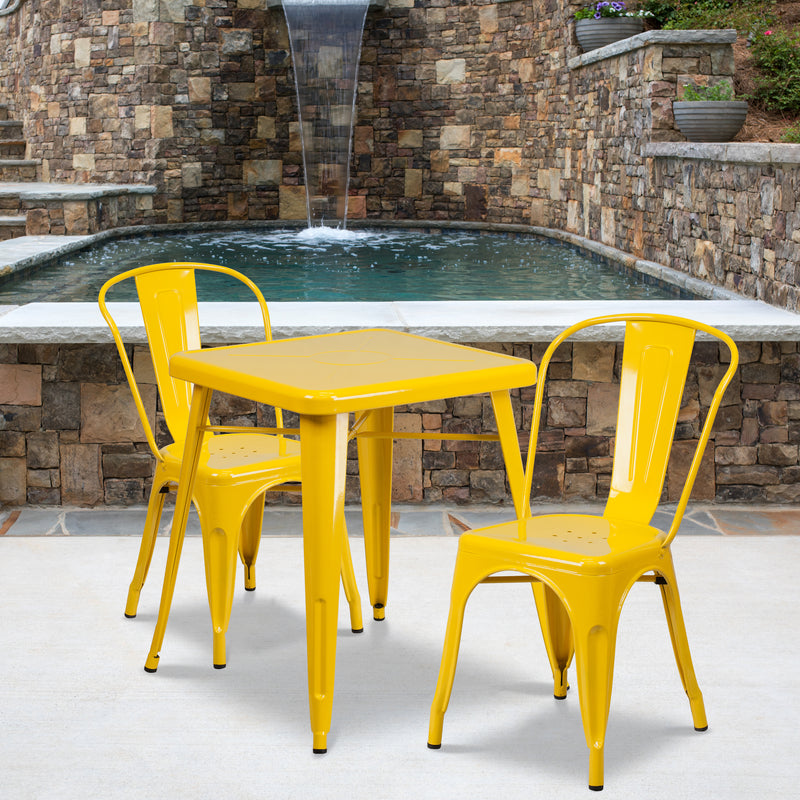 Commercial Grade 23.75" Square Yellow Metal Indoor-Outdoor Table Set with 2 Stack Chairs