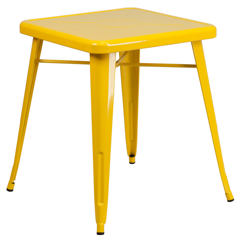 Commercial Grade 23.75" Square Yellow Metal Indoor-Outdoor Table Set with 2 Stack Chairs