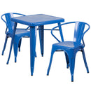 Commercial Grade 23.75" Square Blue Metal Indoor-Outdoor Table Set with 2 Arm Chairs