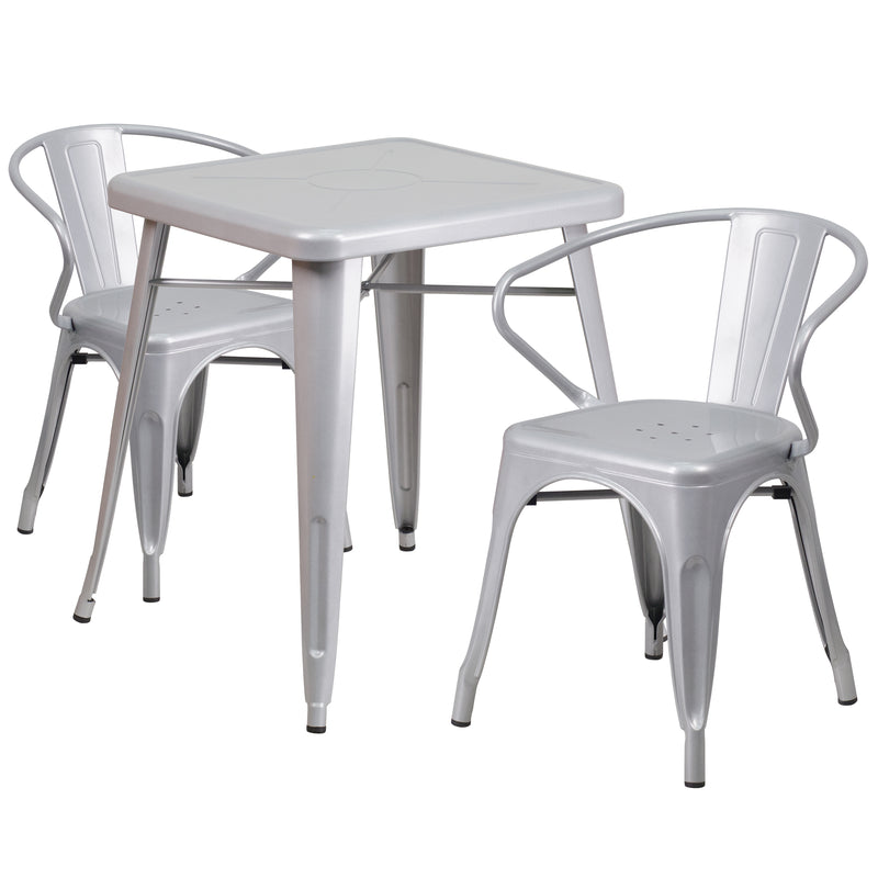 Commercial Grade 23.75" Square Silver Metal Indoor-Outdoor Table Set with 2 Arm Chairs