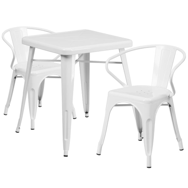 Commercial Grade 23.75" Square White Metal Indoor-Outdoor Table Set with 2 Arm Chairs