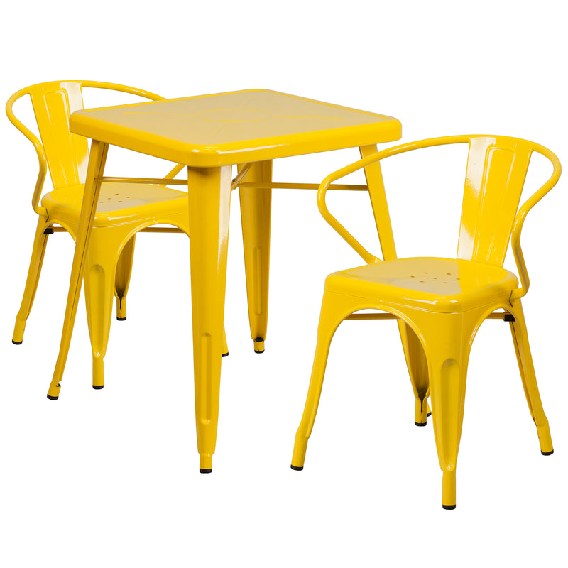 Commercial Grade 23.75" Square Yellow Metal Indoor-Outdoor Table Set with 2 Arm Chairs