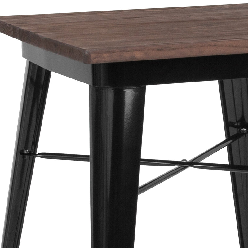 23.5" Square Black Metal Indoor Table with Walnut Rustic Wood Top