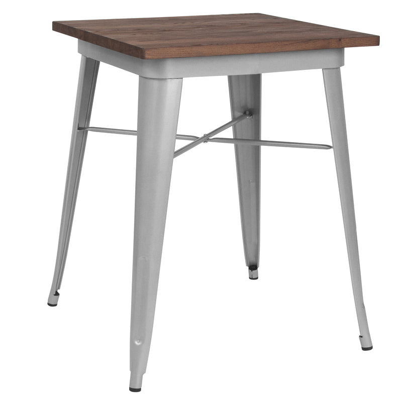 23.5" Square Silver Metal Indoor Table with Walnut Rustic Wood Top