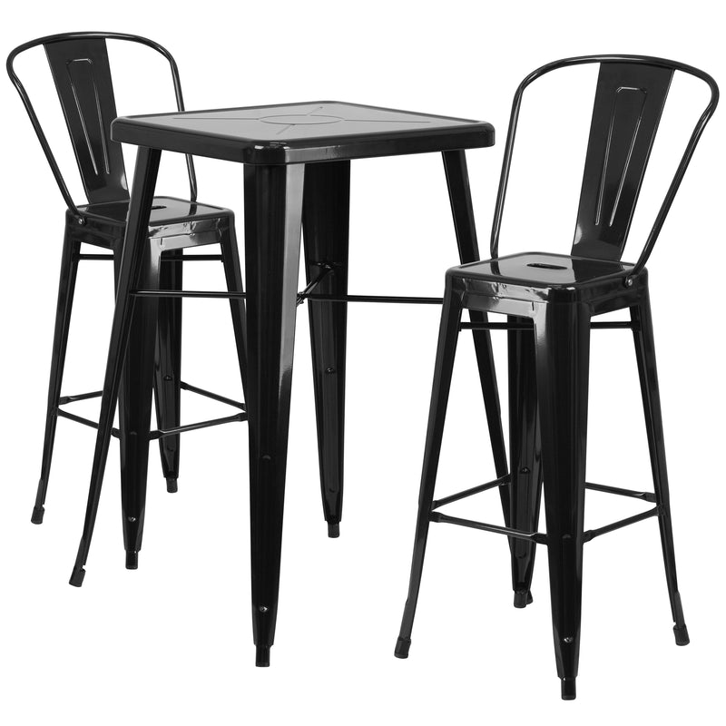 Commercial Grade 23.75" Square Black Metal Indoor-Outdoor Bar Table Set with 2 Stools with Backs