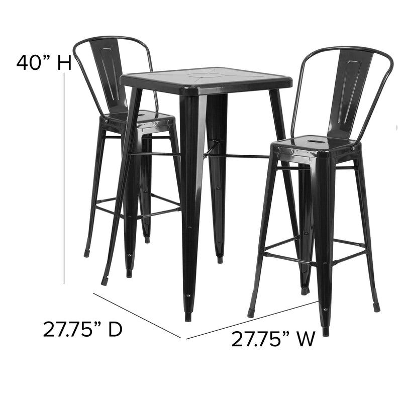 Commercial Grade 23.75" Square Black Metal Indoor-Outdoor Bar Table Set with 2 Stools with Backs