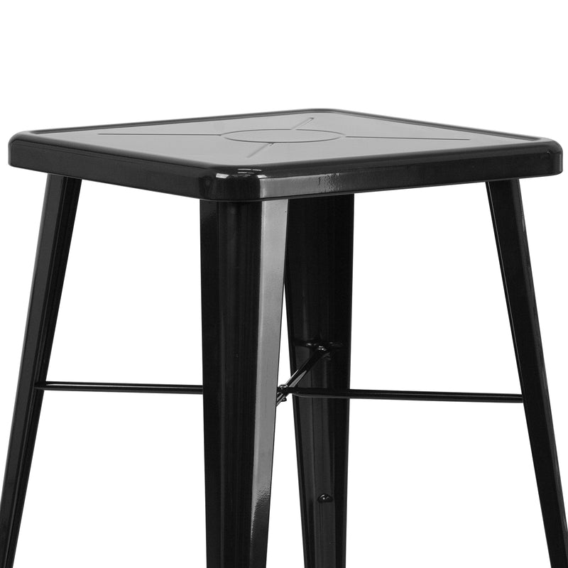 Commercial Grade 23.75" Square Black Metal Indoor-Outdoor Bar Table Set with 2 Stools with Backs