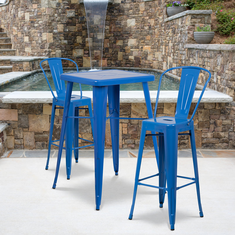 Commercial Grade 23.75" Square Blue Metal Indoor-Outdoor Bar Table Set with 2 Stools with Backs