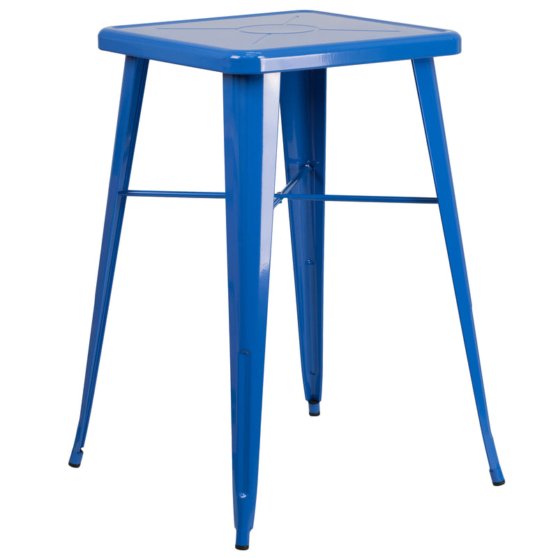 Commercial Grade 23.75" Square Blue Metal Indoor-Outdoor Bar Table Set with 2 Stools with Backs