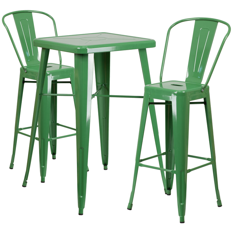 Commercial Grade 23.75" Square Green Metal Indoor-Outdoor Bar Table Set with 2 Stools with Backs