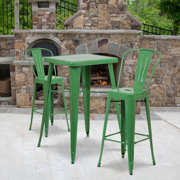 Commercial Grade 23.75" Square Green Metal Indoor-Outdoor Bar Table Set with 2 Stools with Backs