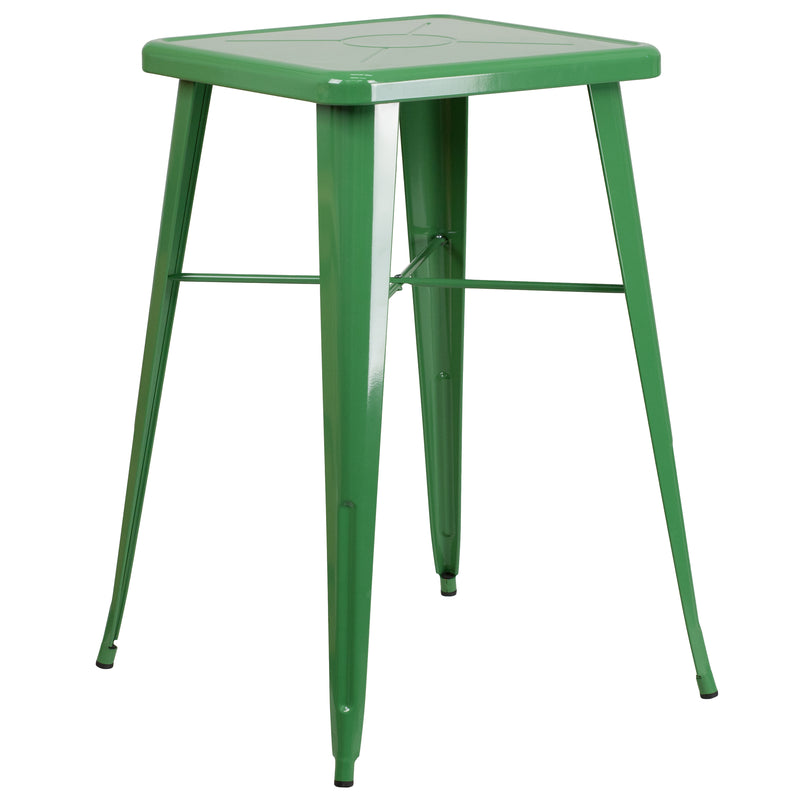 Commercial Grade 23.75" Square Green Metal Indoor-Outdoor Bar Table Set with 2 Stools with Backs