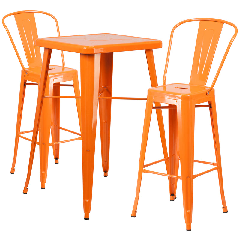 Commercial Grade 23.75" Square Orange Metal Indoor-Outdoor Bar Table Set with 2 Stools with Backs